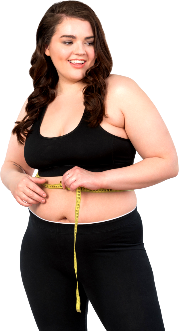 Happy Plump Woman Measuring Her Waist